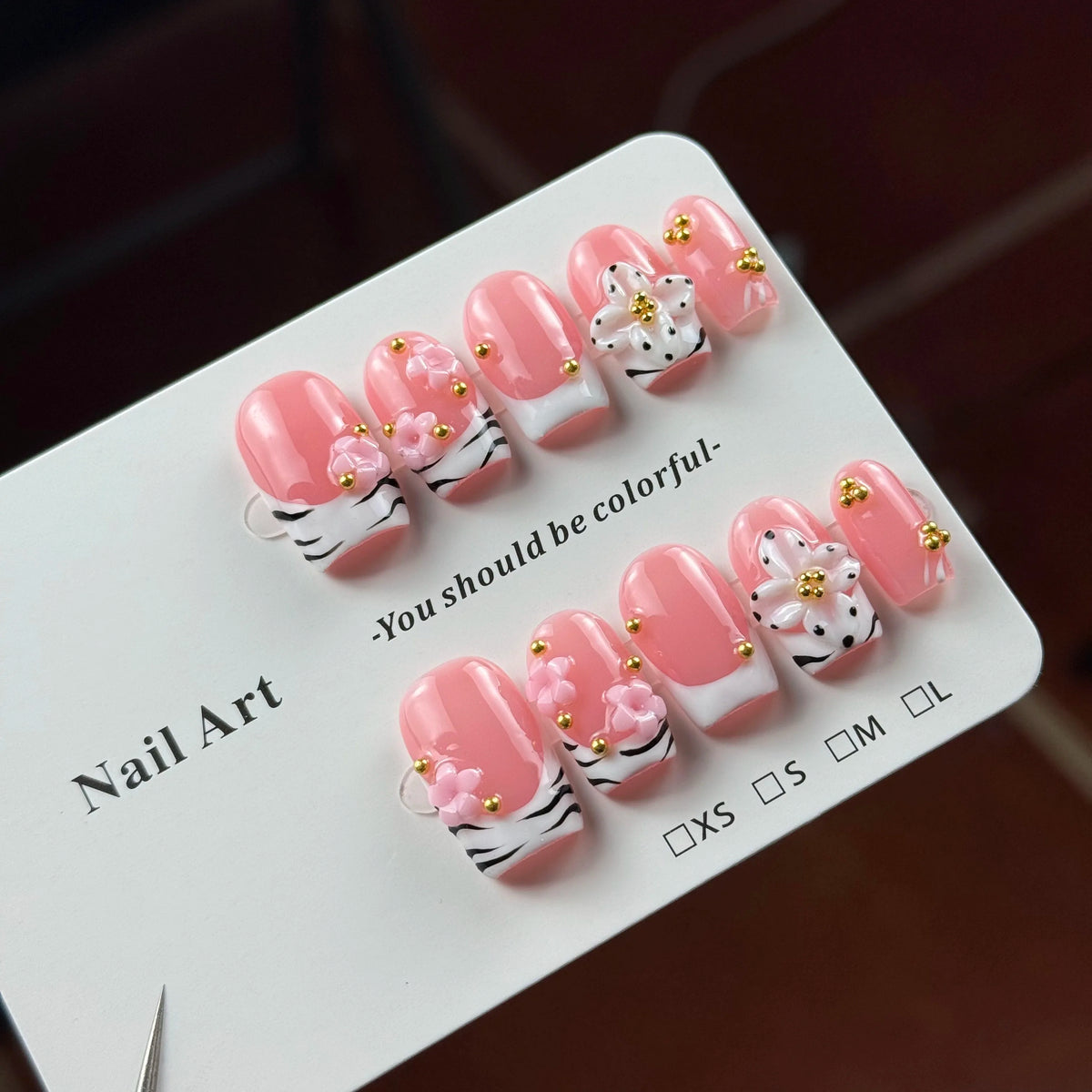 10pcs high-end Pink girlish style, hand-painted three-dimensional carvings, decorated with small gold beads handmade French Tip