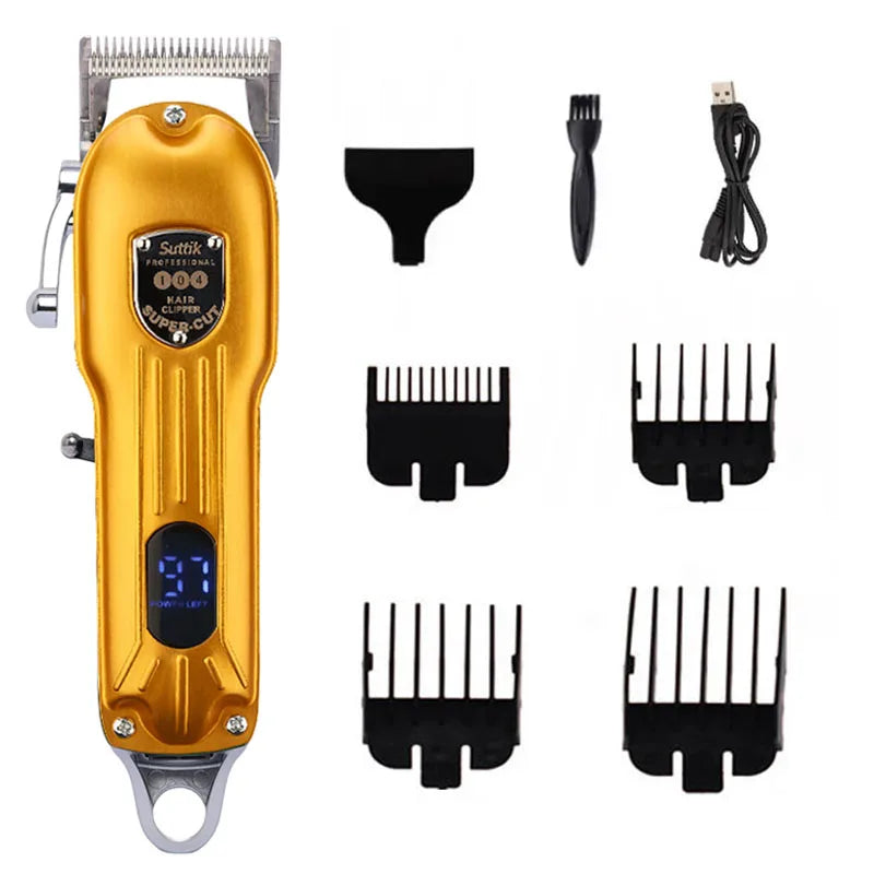 Gold hair trimmer set with attachments on a white background