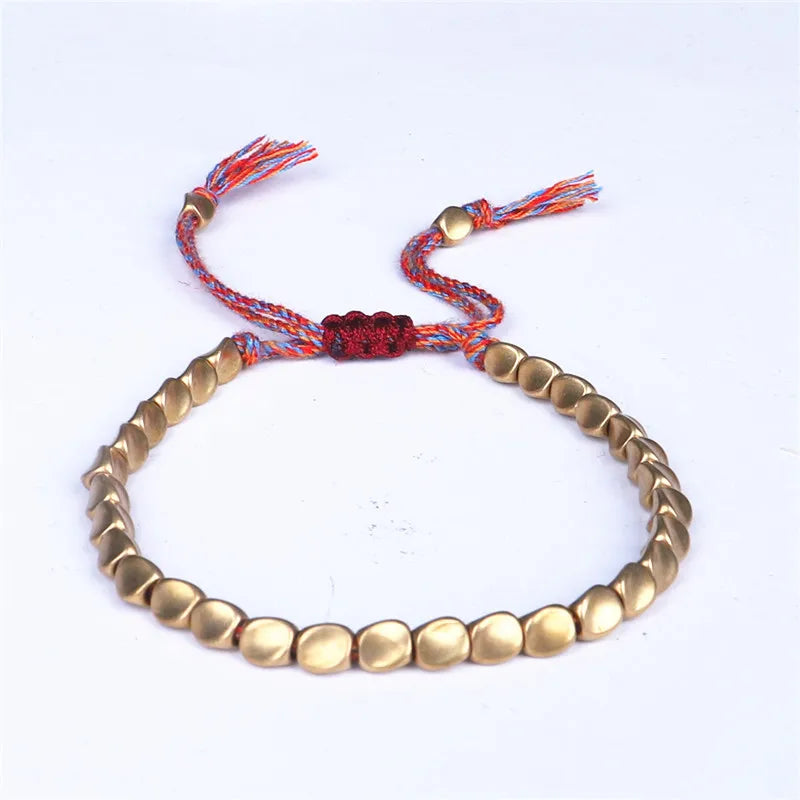 Handmade Tibetan Copper Bead Bracelet Buddhist Braided Cotton Luck Rope Bracelet Good Luck Success Amulet Women Men Vintage