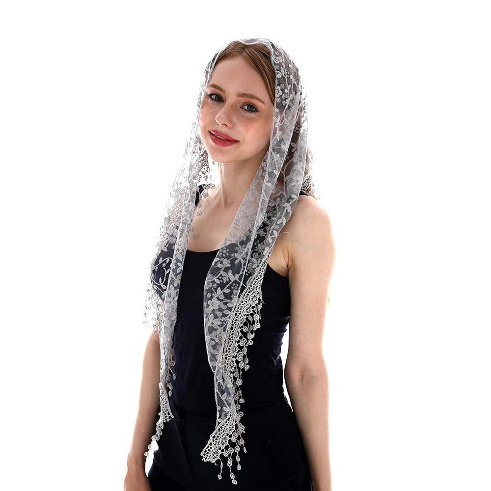 Fashion Church Shawl Lace Veil Polyester Scarf Bandana Church Prayer Wedding Mantilla Chapel White Embroidered Hijab Women Scarf