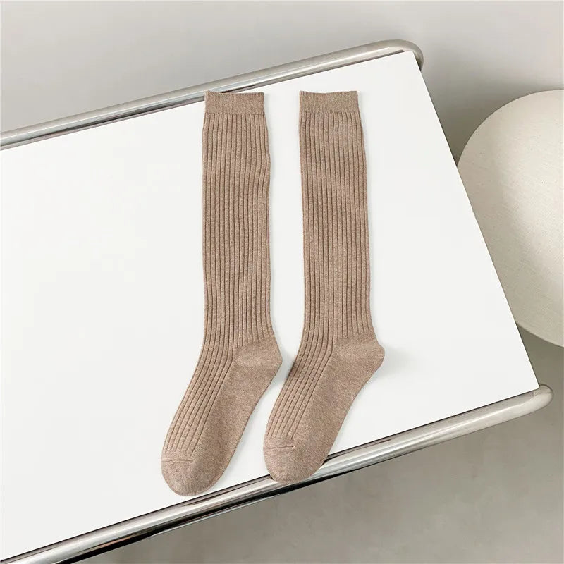 Women’s Solid Color Knee High Socks Long Fashion Casual Preppy Style Stockings Female School Kawaii Cotton Comfy Trendy Socks
