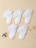 5 Pairs of Cute Baby Girls Ankle Socks with Double Layer Flower Lacework, Fashion Soft Non-Slip Short Socks for 1-9 Years Children