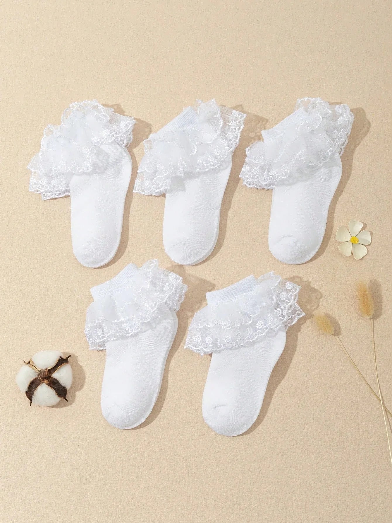 5 Pairs of Cute Baby Girls Ankle Socks with Double Layer Flower Lacework, Fashion Soft Non-Slip Short Socks for 1-9 Years Children