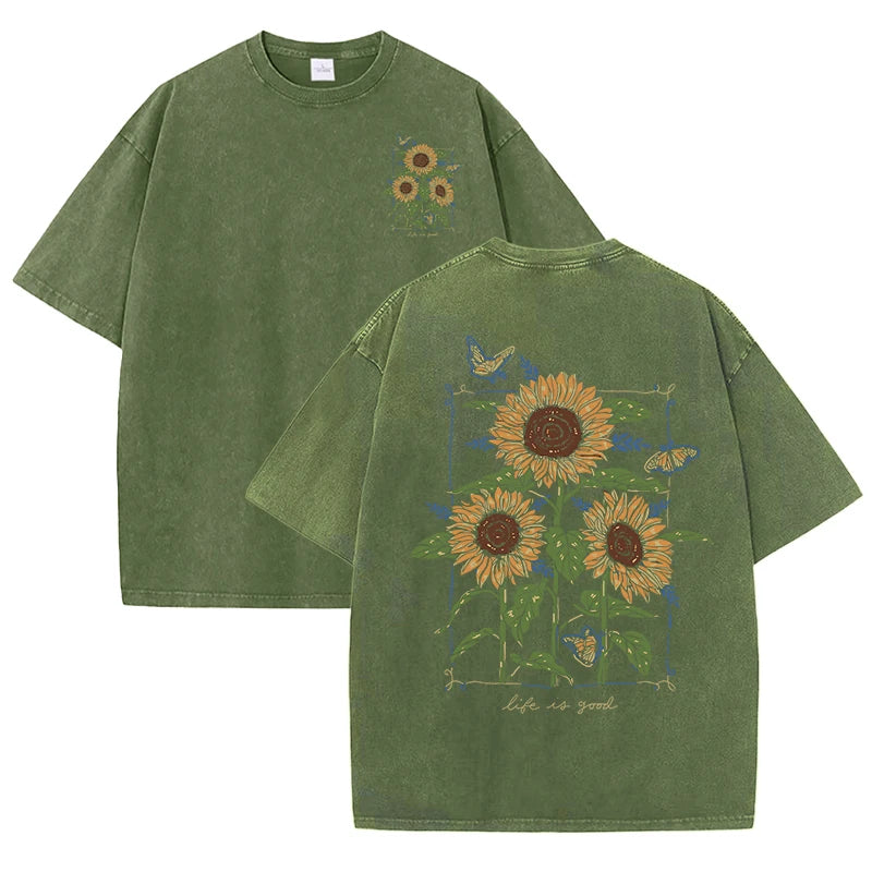 Lift Is Good Beautiful Sunflower Print Washed T Shirts Women Soft Cotton T-Shirt Street Creative Short Sleeve Summer Casual Tops