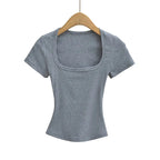 Square Collar High Stretch Summer Crop Tops Women Short Sleeve Tops Sexy Pullover Bottoming Blouses Slim T-shirt