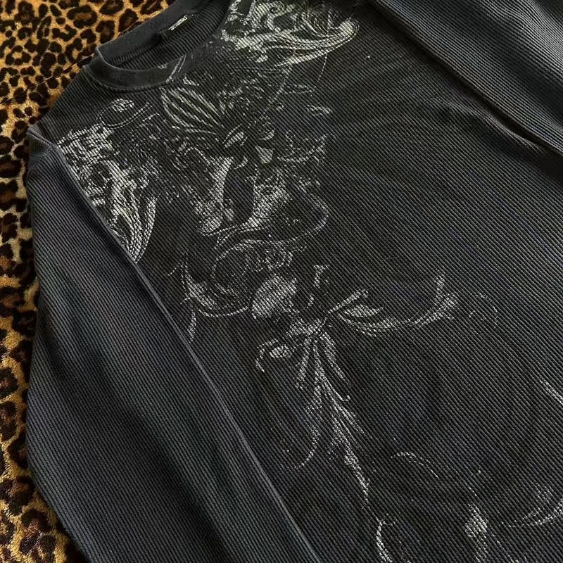 Y2K Hottie Grunge Cyber Mall Goth Thermal T-shirt Skulls Graphic Printed Long Sleeve Pullovers Tops Women Vintage Aesthetic Tees