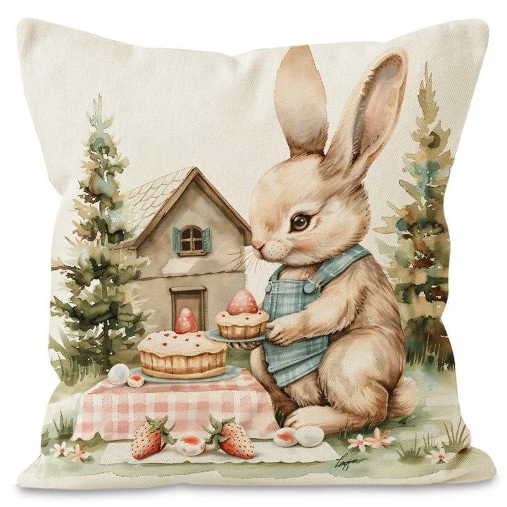 Decorative throw pillow with cute rabbit and spring flowers