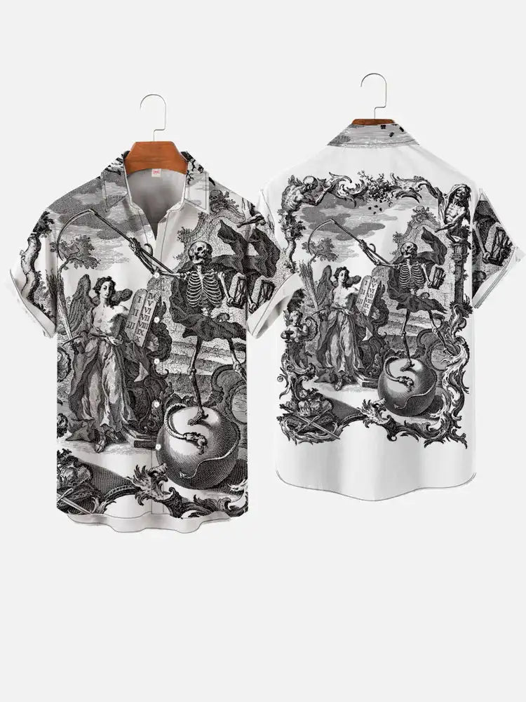 Vintage Men's Mermaid Print Shirts Boat Anchor Print Button Shirts Summer Ocean Element Shirts Men's Hawaiian Leisure Shirts