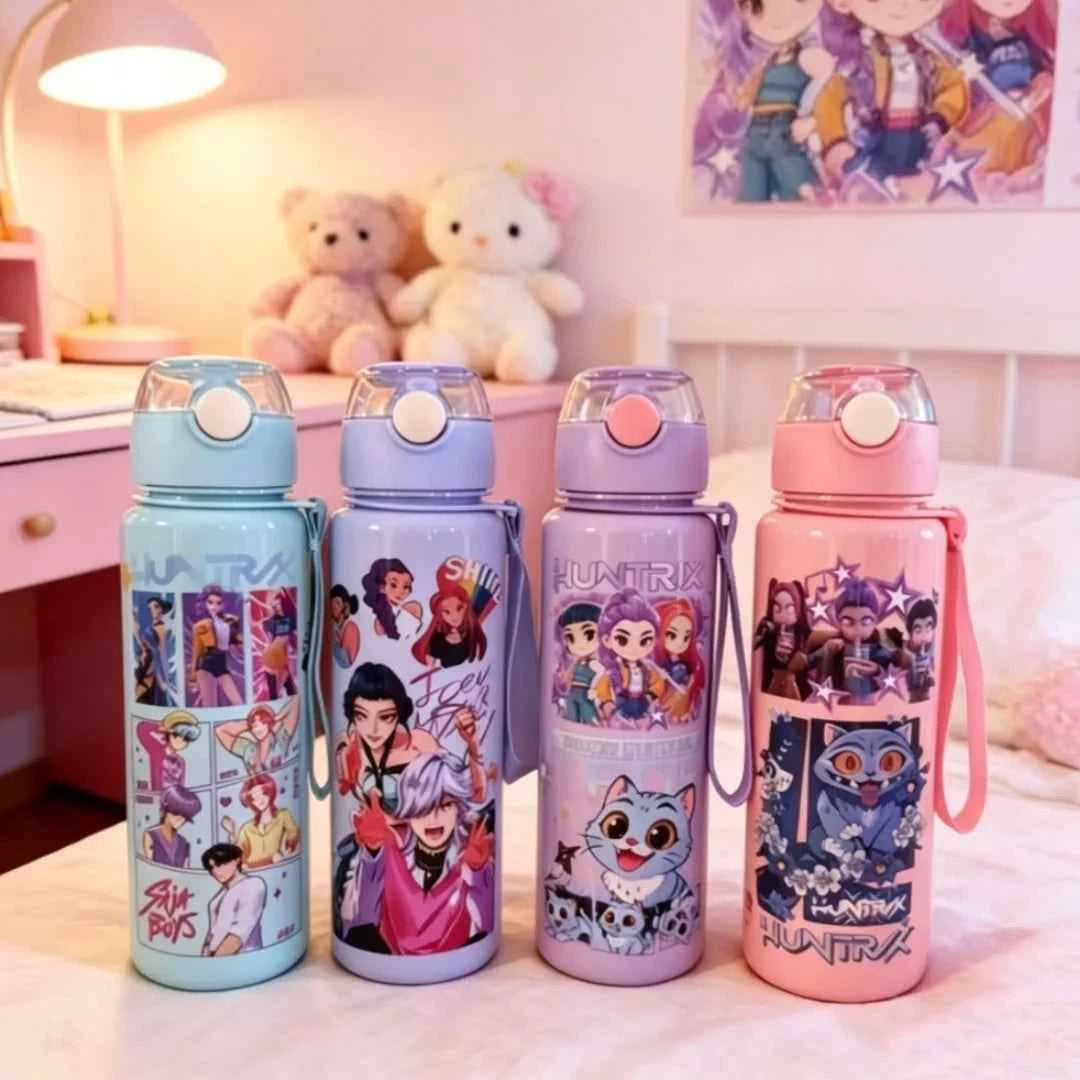 Cartoon Figure Water Bottle, Portable Outdoor Straw Cup for Kids-Girls’ Summer Sports Leakproof Cute