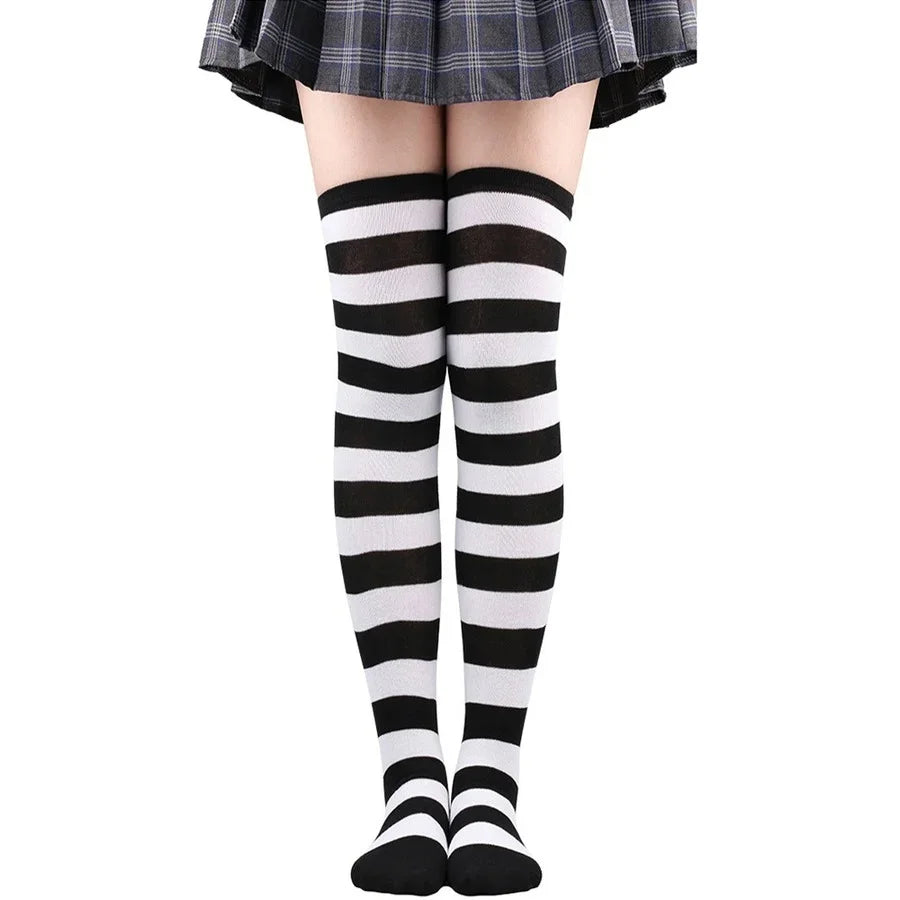 Womens Striped Thigh High Stockings Ladies Girls Black White pink Long Over Above Knee Socks femboy Cosplay Lolita Harajuku Y2k