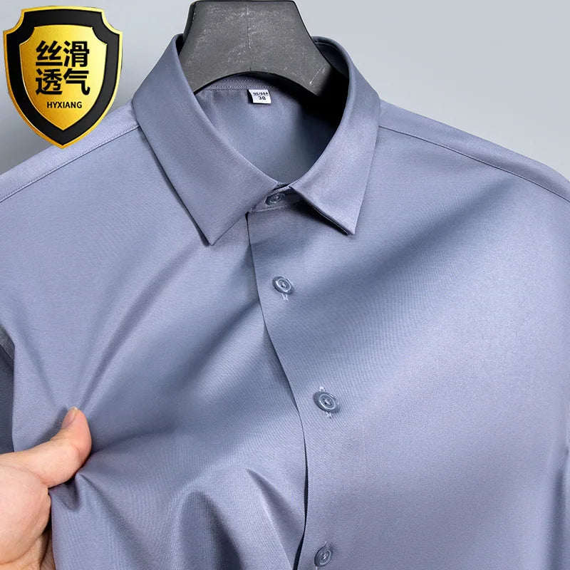 Summer shirt, men's white glossy non ironing shirt, men's wrinkle resistant ice silk casual high-end seamless business shirt