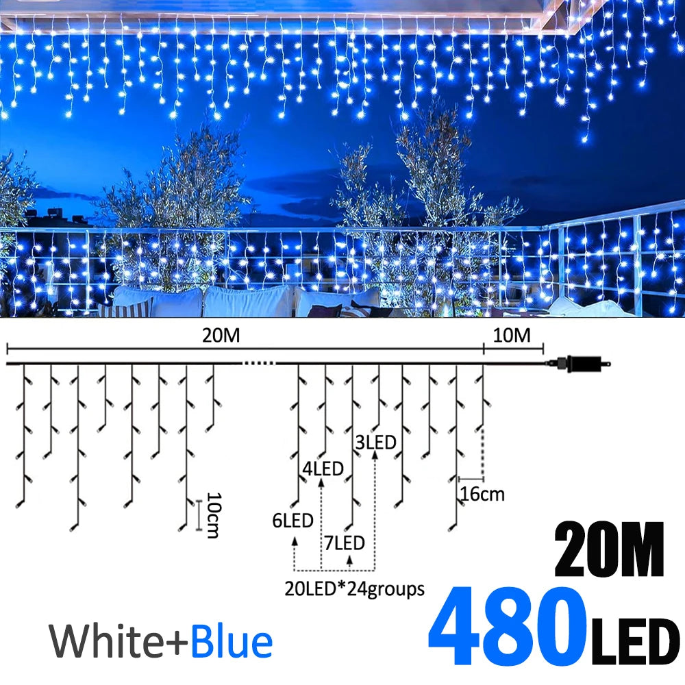 6.5200LED/20M480LED Icicle String Lights Christmas 40Drops 8 Modes, Plug in Curtain Waterproof for Holiday Wedding Party Garden
