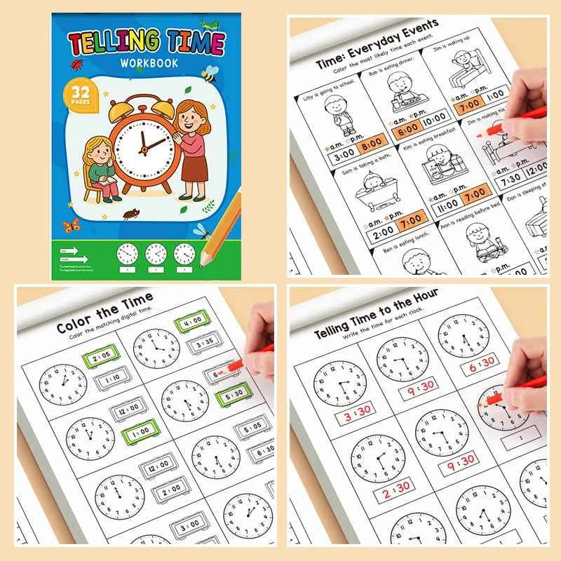 Children's Time Concept Practice Workbook, Suitable for Home School and Kindergarten Activities, Includes Reading and Math Practice Sheets, Perfect for Classroom Teaching and Back-To-School Supplies. Christmas Gifts.