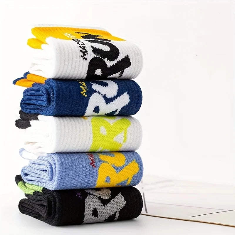 5/10 Pairs Men Letter Printed Mid Tube Socks Street Style Sweat Absorbing Breathable All Season Casual Sports Basketball Socks