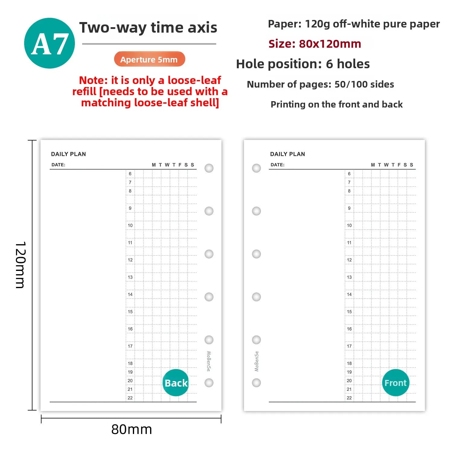 A7 50Sheets Loose Leaf Notebook Refill Spiral Binder Inner Page Weekly Monthly To Do Line Grid Inside Paper Stationery