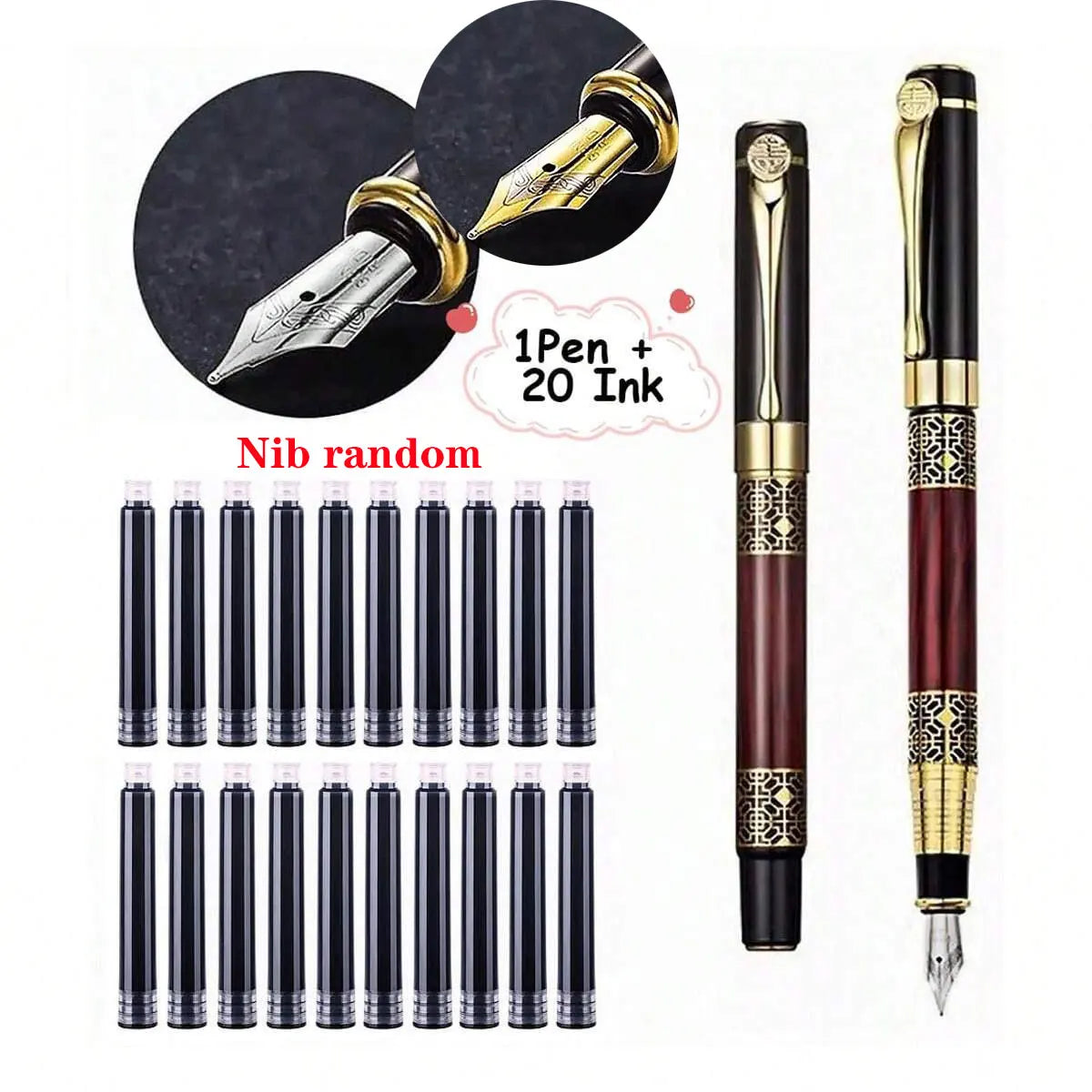 1-100Pcs/Set Retro Metal Fountain Pen Replaceable Ink Elegant Gift for Writing Stationery Office School Supplies