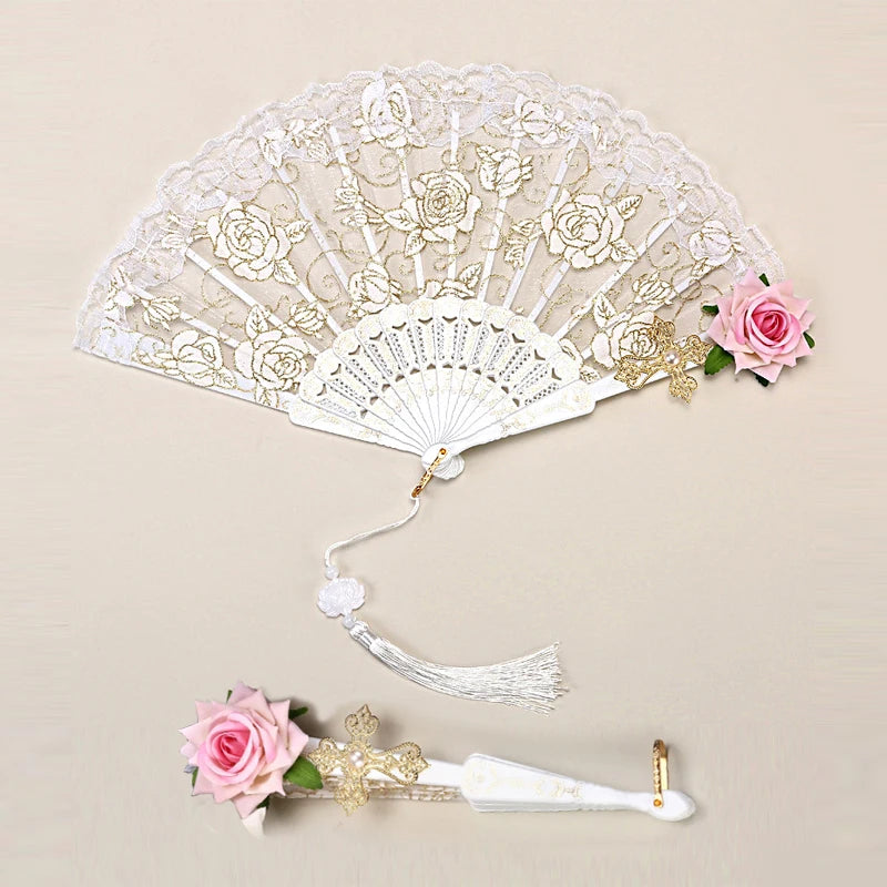 1pc/2pcs Vintage Spanish Flamenco Rose Lace Handheld Fan Elegant Black Folding Fan for Parties And Weddings