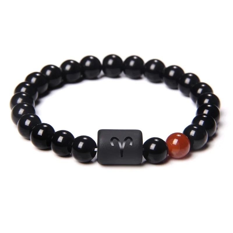 12 Constellation Zodiac Signs Beads Couples Bracelet Natural Black Onyx Stone Elastic Charm Bracelet for Women Men Birthday Gift