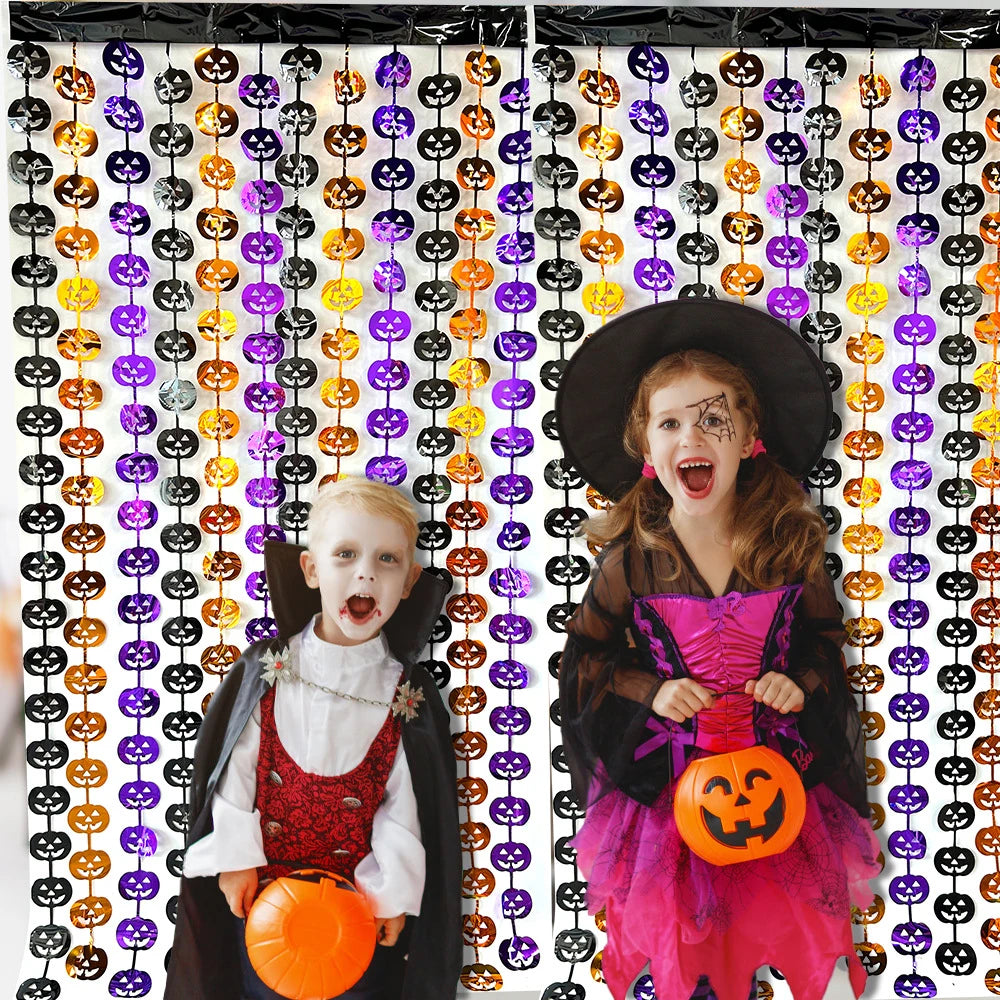 Halloween Pumpkin Bat Spider Fringe Backdrop – Spooky Party Decor