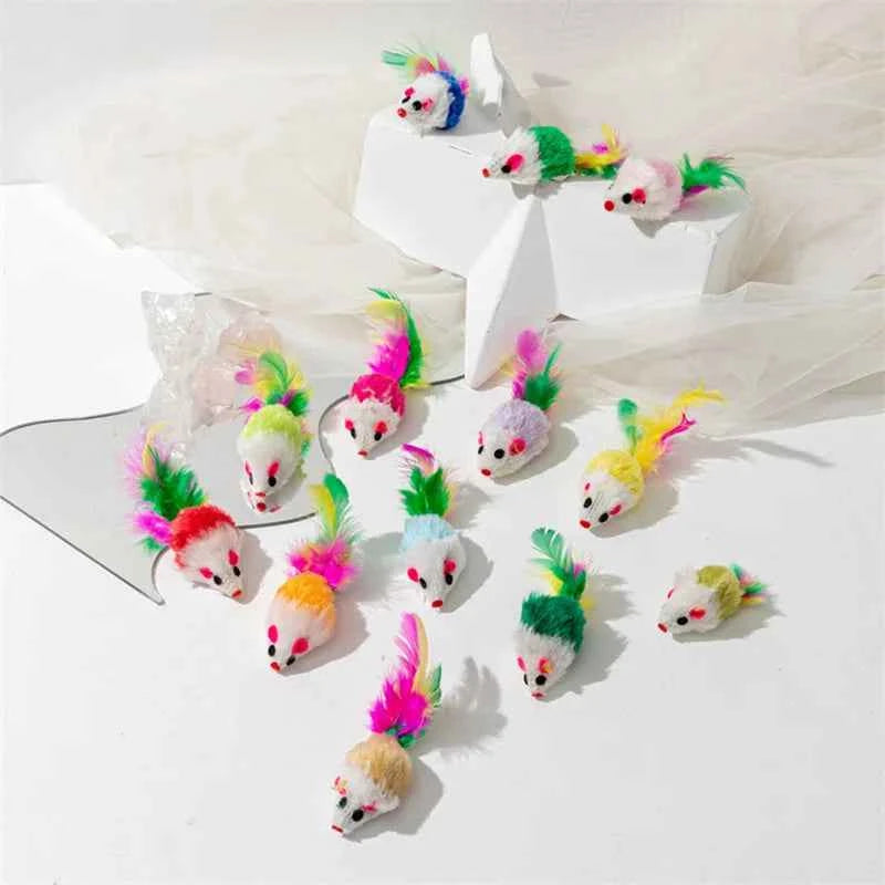 Cat Toys Rabbit Fur False Mouse Feather Rainbow Mouse Toy Funny Playing Toys For Kitten