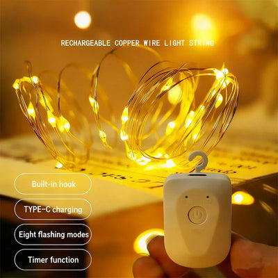 Rechargeable Copper Wire String Lights 8Lighting modes Fairy Light Timer Detachable Design for Halloween Wedding Christmas Decor