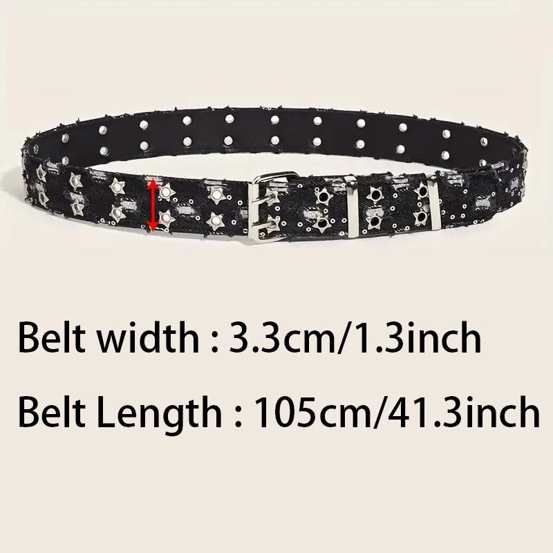 1PC New Fashion Luxury Belt Black Punk Accessories Blue Denim Girdle HipHop Y2k Star Hollowed Pin Buckle Waistband，For Men Women