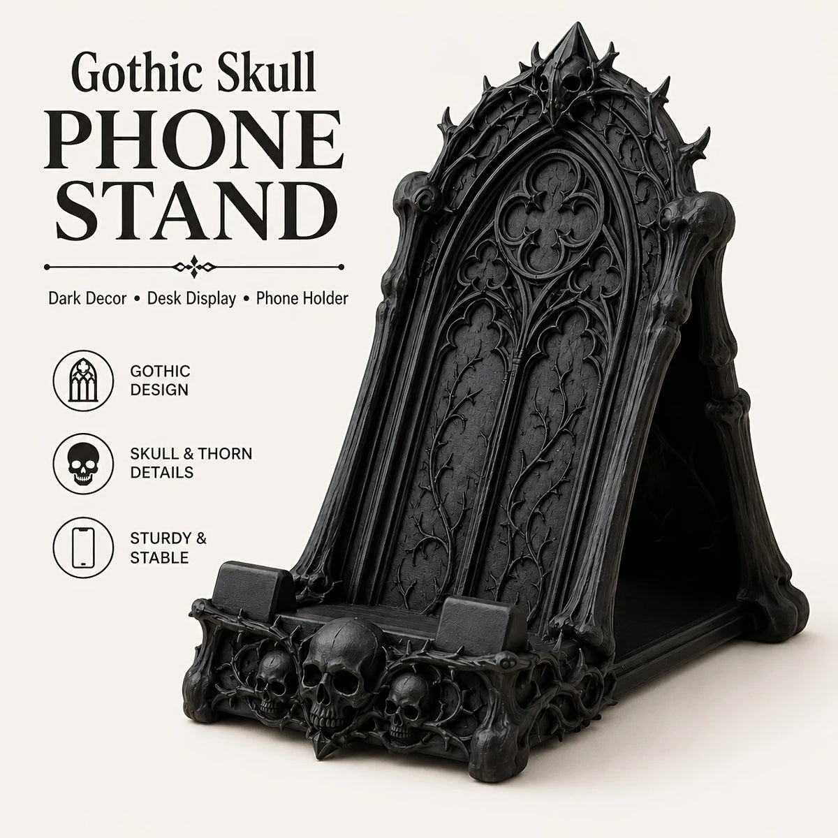 3D Printed Gothic Tracery Window Phone Stand, Dark Skull Ornament for Halloween, Desktop Holder for Phone & Tablet