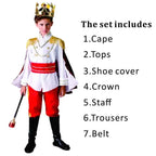7 Pieces Boys King Carnival Costume Medieval Royal Prince Full Set Outfits for Halloween Birthday Party Fancy Dress Up