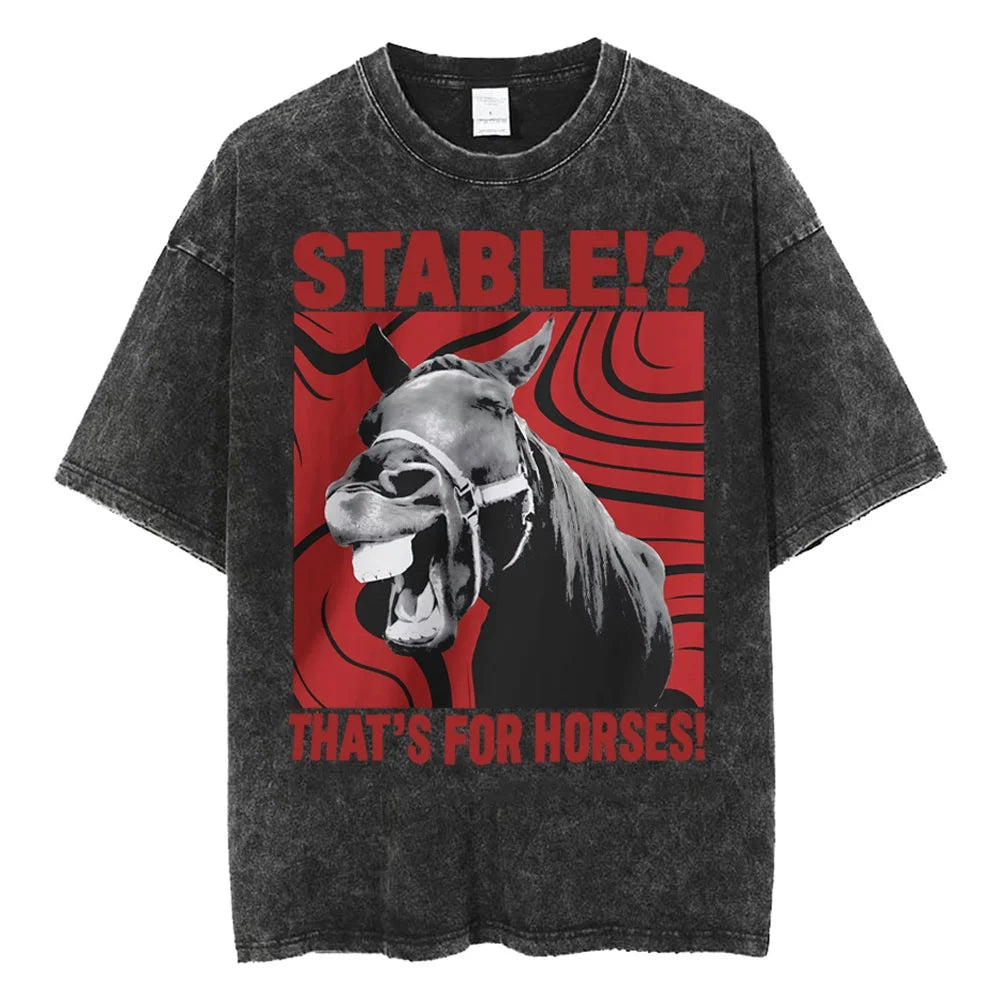 Creepy Cute Animal Graphic T-Shirts Vintage Washed Black Tees Funny Horror & Relatable Quotes Perfect for Anime Fans Streetwear
