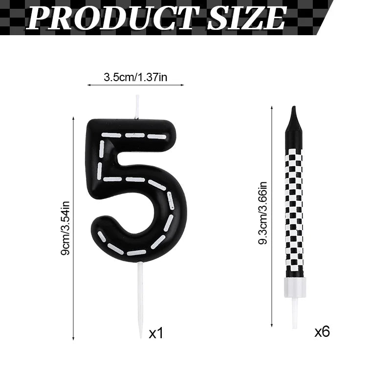 7Pcs/set Racing Cars Birthday Number Candles Black White Checkered Themed Cake Topper Kids Boys Birthday Party Decoration Favors