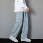 2026 New Korean Men's Casual Long Jeans Classic Man Straight Denim Wide-leg Pants Solid Color Light Blue Grey Black