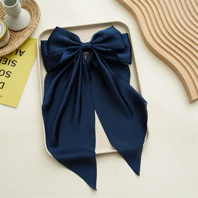 Korean Accessories Hair Clips for Women Girls Big Bowknot Solid Satin Long Ribbon Bows Spring Clamp Barette Cheveux Femme 2023