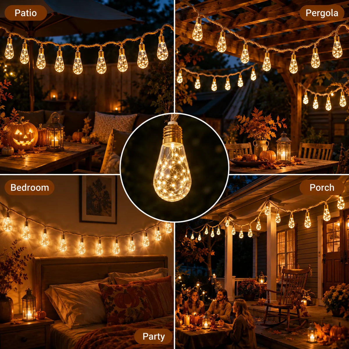 Halloween Lights USB Hemp Rope Edison Bulb String Lights 8/16/24LED Warm White 8 Modes for Porch Patio Garden Party Decor