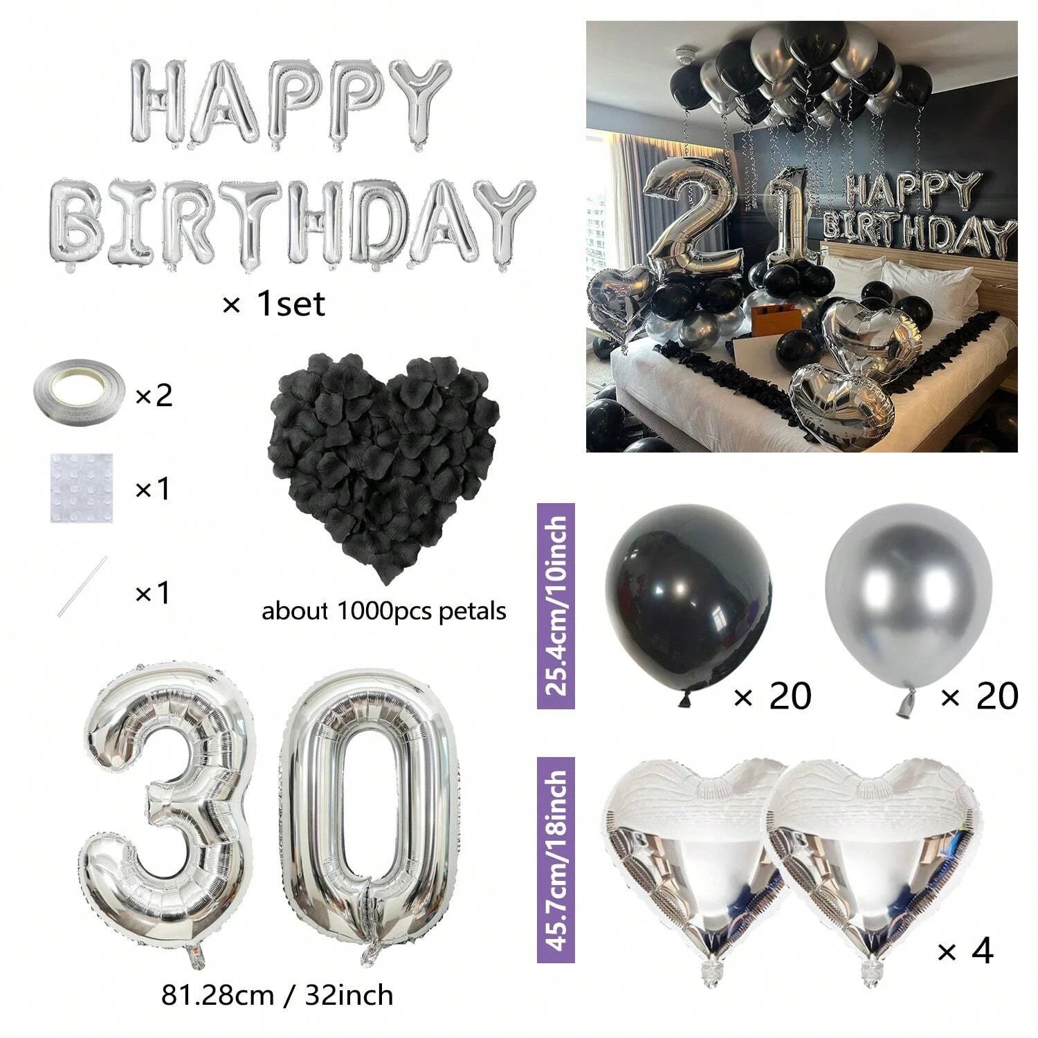 1050/21/200pcs Black & Silver Party Balloons Decorations, Silver Happy Birthday Banner, Chrome Silver Latex Balloons