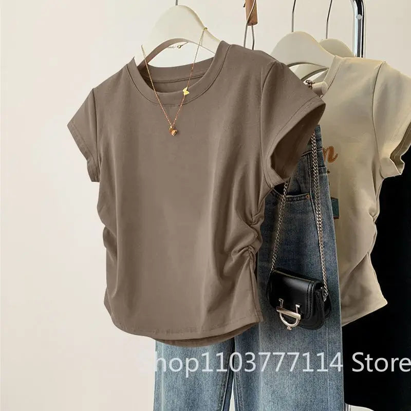 Women Summer Short Sleeved Top for Fashion Versatile Base Shirt Slim Fit Round Neck T-shirt Casual and Sexy Breathable and Cool