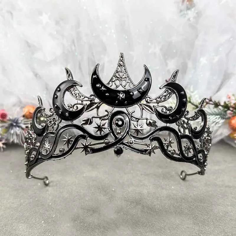 Gothic Black Moon Tiara Dark Queen Crown for Women Baroque Celestial Star Headpiece Vintage Cosplay Halloween Wedding Party Acce