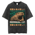Creepy Cute Animal Graphic T-Shirts Vintage Washed Black Tees Funny Horror & Relatable Quotes Perfect for Anime Fans Streetwear