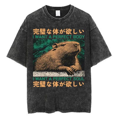 Creepy Cute Animal Graphic T-Shirts Vintage Washed Black Tees Funny Horror & Relatable Quotes Perfect for Anime Fans Streetwear