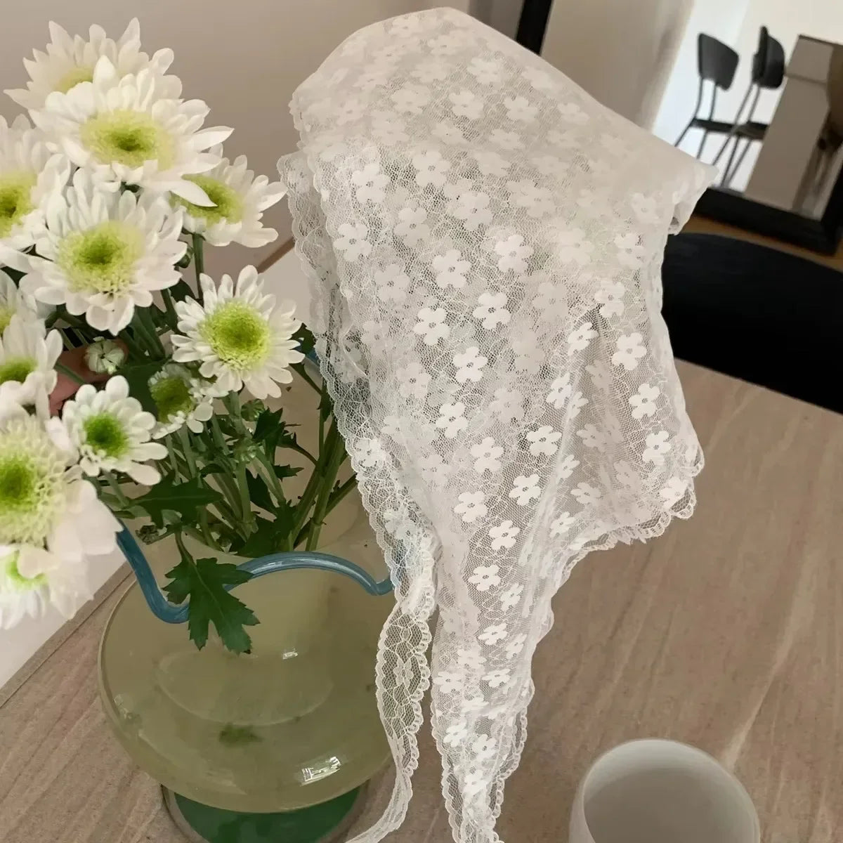 Elegant Lace Triangle Scarf for Women White Sweet Floral Design Breathable Thin Ribbon Artistic Style for Travel Photos