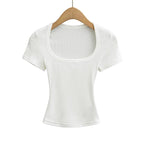 Square Collar High Stretch Summer Crop Tops Women Short Sleeve Tops Sexy Pullover Bottoming Blouses Slim T-shirt