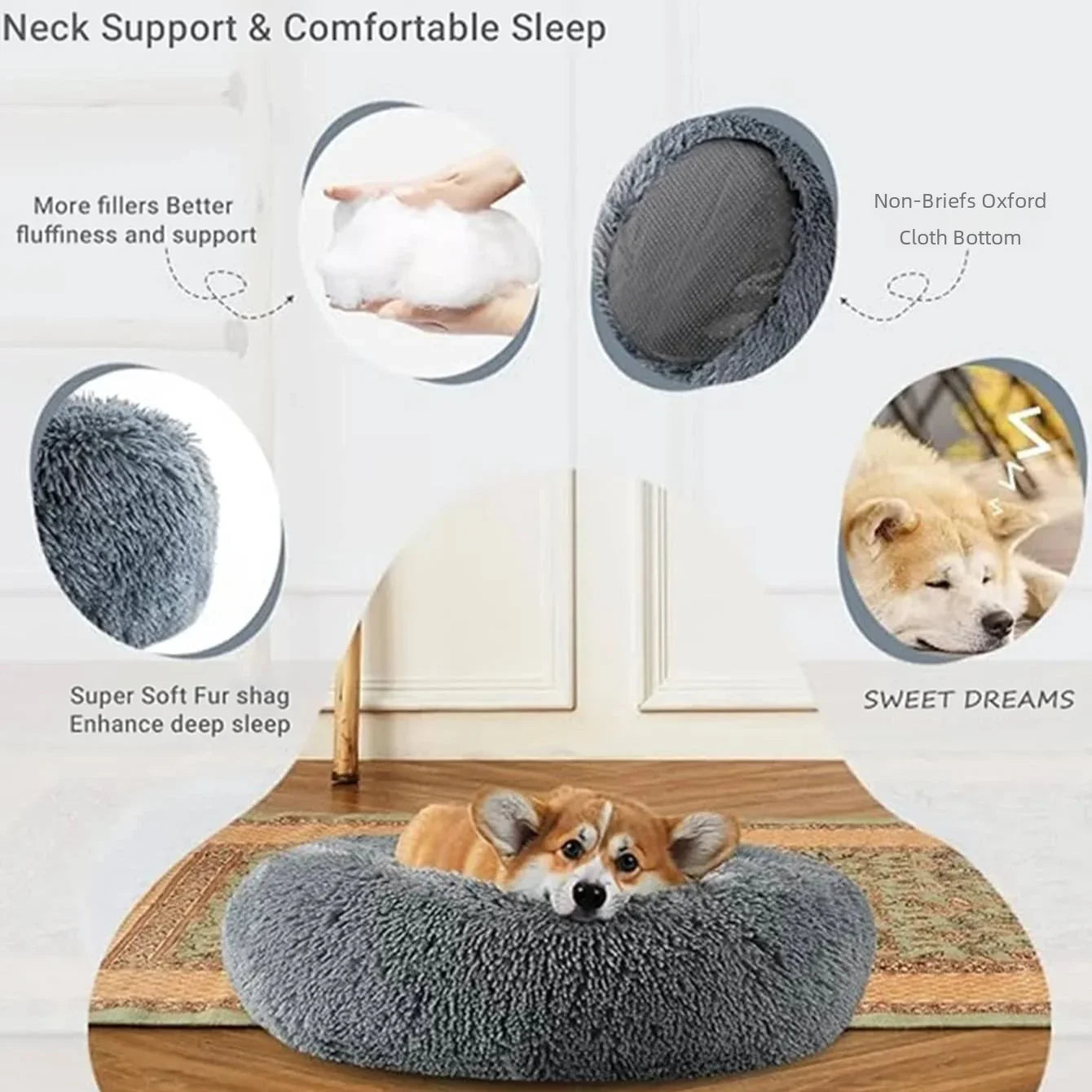 Round Plush Pet Bed for Large & Medium Dogs – Super Soft Cat Bed, Cozy Winter Warm Sleeping House