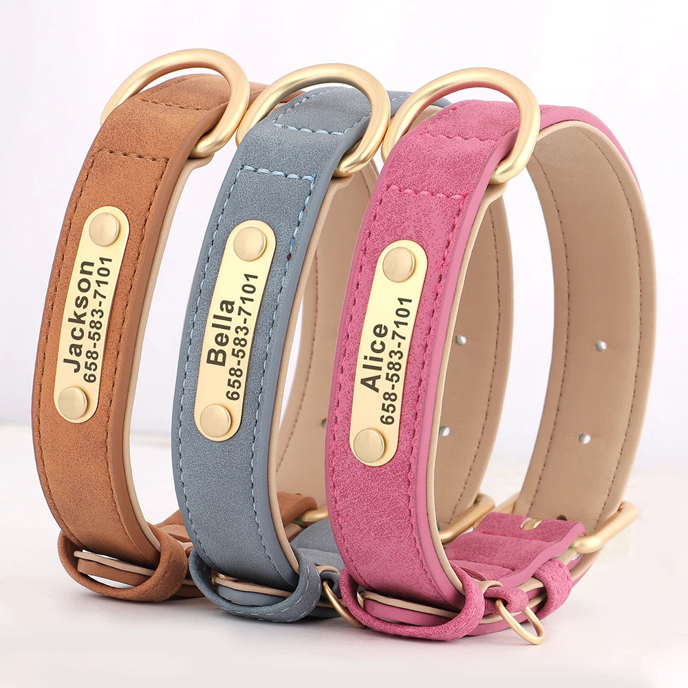 Personalized Dog Collar Custom Engraved PU Leather Dog Collars Free Engraving ID Tag Nameplate For Small Medium Large Dogs - WTN Essentials 