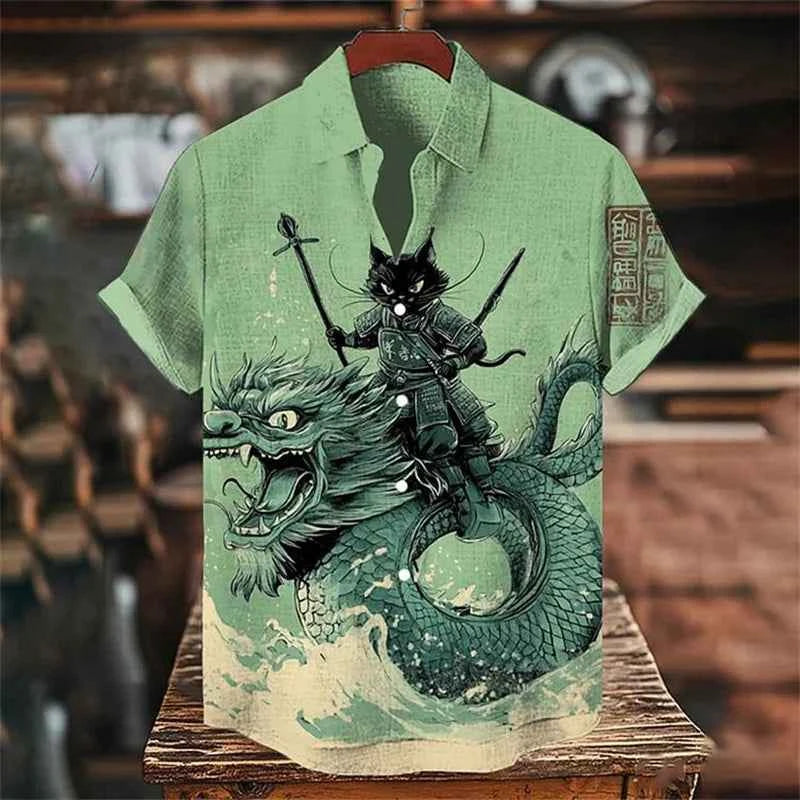 New Men's Short Sleeve Shirt Black Octopus Drum Rock Guitar Art Print Harajuku Vintage Flap Top Sandy Beach