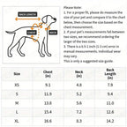 Dog size chart with measurements for chest, neck, and back length.