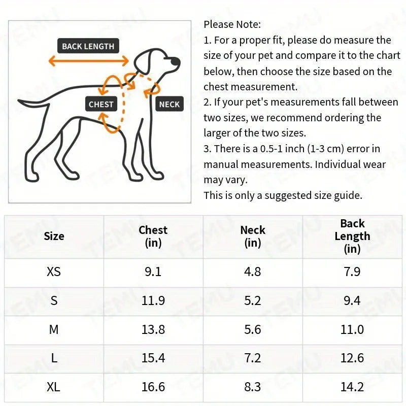 Dog size chart with measurements for chest, neck, and back length.