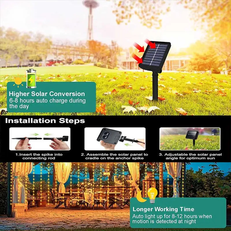 LED Solar Courtyard Curtain Lights Outdoor Waterproof Fairy String Lights With 8 Modes for Garden Window Bedroom Wedding