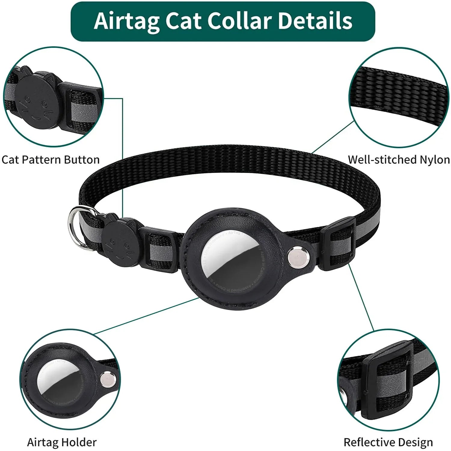 Cat AirTag Holder Collar – Adjustable Reflective Breakaway Kitten Collar with Bell & Waterproof AirTag Case