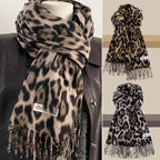 Korean Leopard Tassels Shawl Imitation Cashmere Thickened Foulard Pashmina Hijabs Windproof Lady Scarves Wraps for Women Man