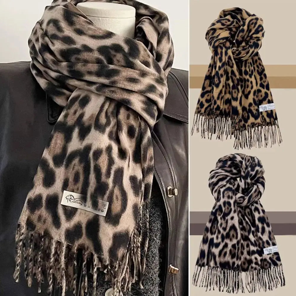 Korean Leopard Tassels Shawl Imitation Cashmere Thickened Foulard Pashmina Hijabs Windproof Lady Scarves Wraps for Women Man