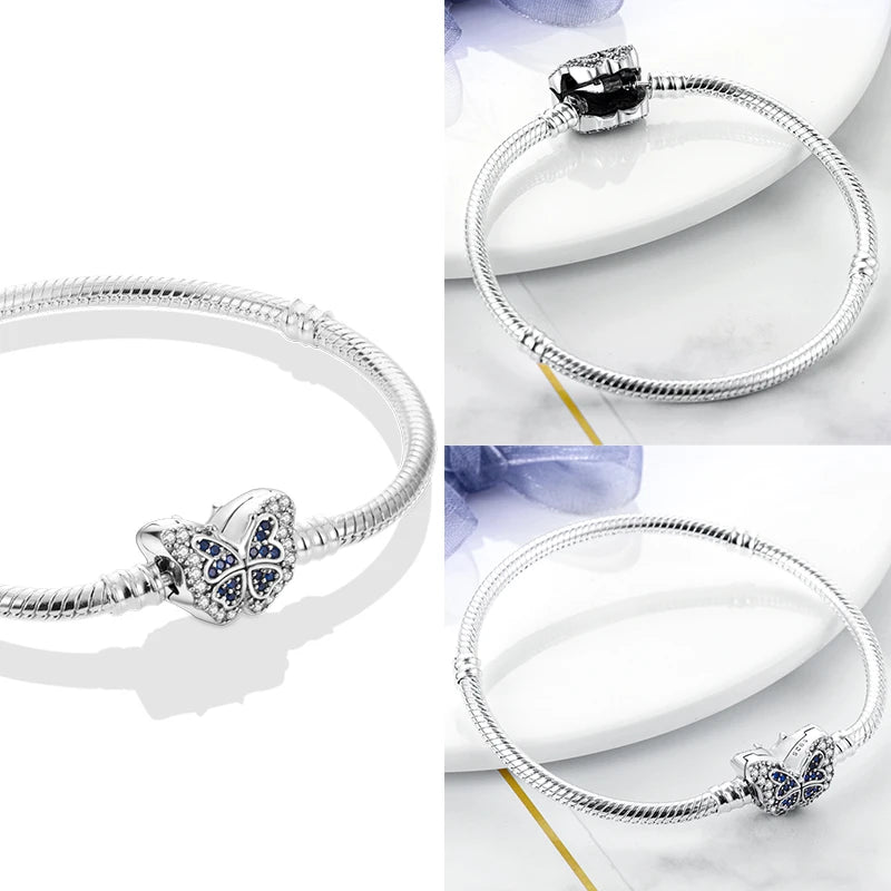 Original 925 Silver Bracelets Four Leaf Clover Butterfly Heart Bracelet Fit DIY Charms Beads Fashion Jewelry 17-20CM